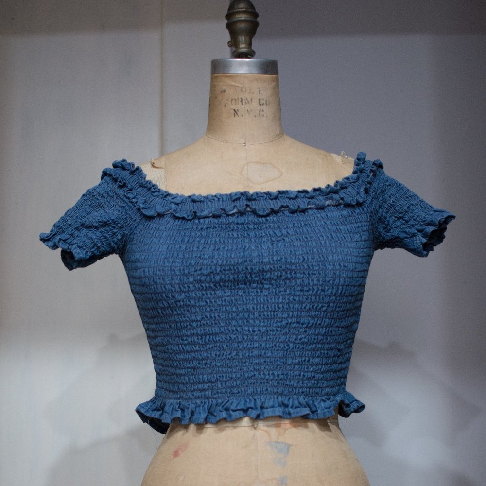 Ruched Denim Off the Shoulder Frocked Crop Top